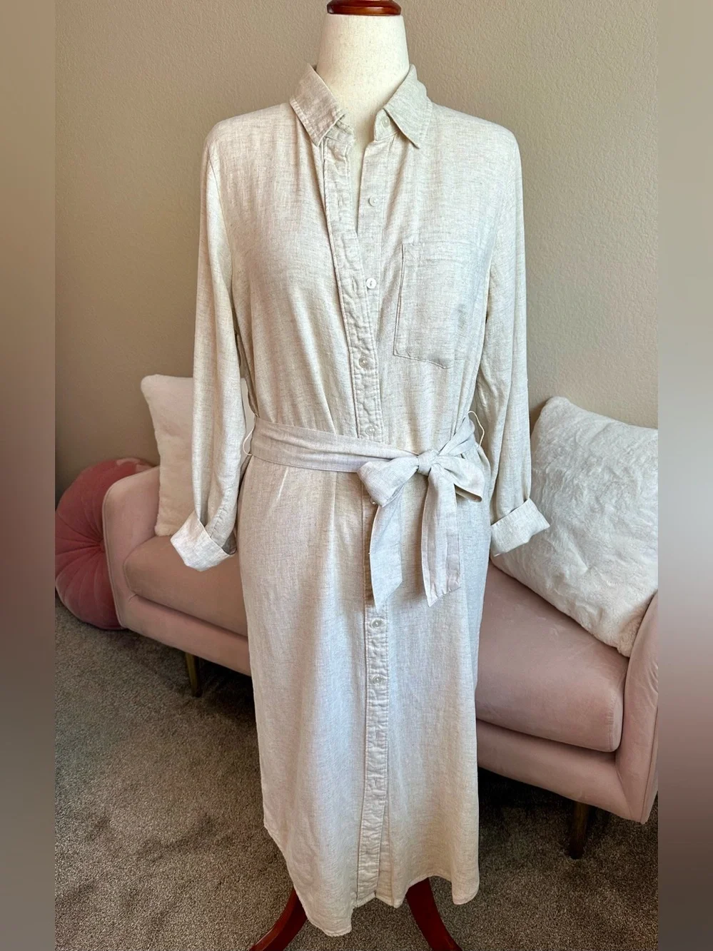 Abercrombie Fitch Shirt Dress Long Linen Viscose LS Belted Natural Cream Sz M T